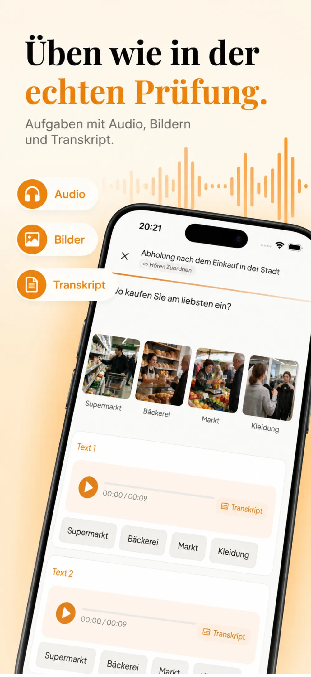 GetBereit App: Höraufgabe mit Bildern, Audioplayer und Transkript